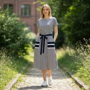 Vintage Tabby Navy Stripe Dress Size 8 Belted Midi Short Sleeve